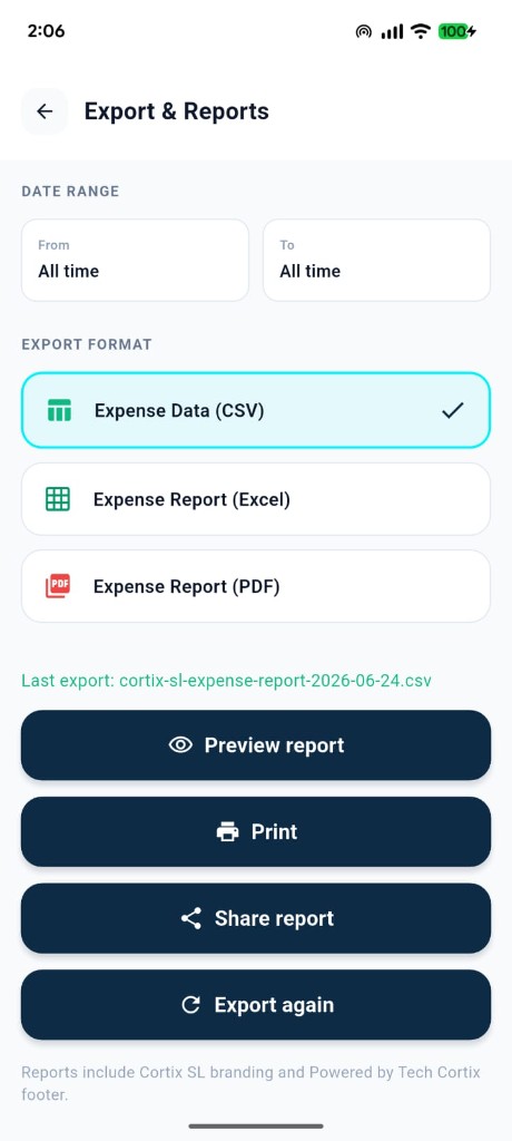 Export options for Excel and PDF