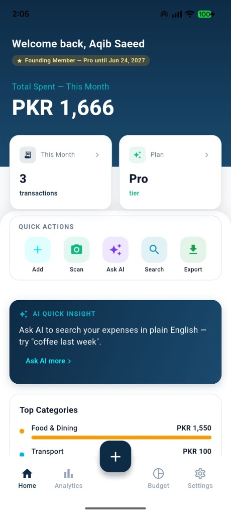 Cortix SL home screen showing monthly spend and quick actions